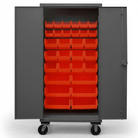 Oakestry 36 x 24 x 81 Industrial Mobile Steel Storage Cabinet 12 Gauge with 30 Red Bins Recessed Locking Doors Casters Gray