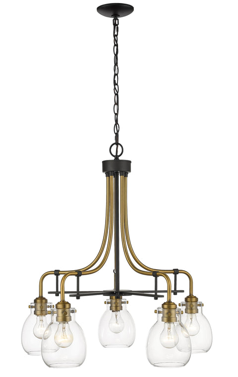 Oakestry 5 Light Chandelier Matte Black Olde Brass Steel Clear Industrial Ceiling Lighting Fixture for Dining Room Foyer Great Room Hallway Kitchen Modern Home Decor Hanging Light