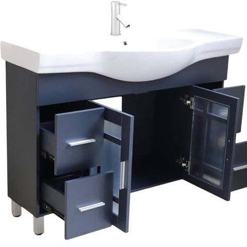 Oakestry 48" Single Sink Bathroom Vanity with Integrated White Ceramic Top, Solid Birch Wood Cabinet, Freestanding, Dark Gray Finish, Nickel Hardware