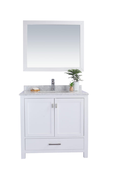 Oakestry Wilson Bathroom Vanity with White Carrara Marble Countertop & Ceramic Sink, Solid Oak Wood Cabinet, Soft Close Doors & Drawer, White