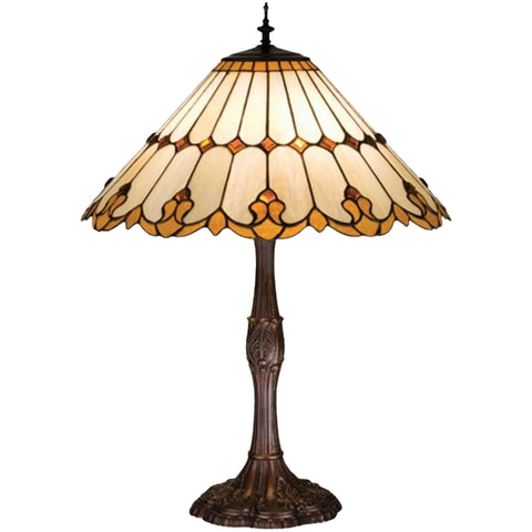 Oakestry 26" Nouveau Cone Table Lamp, Beige Stained Glass Shade with Amber Jewels, Mahogany Bronze Base, 3-Light E26 Vintage Decorative Accent Lamp