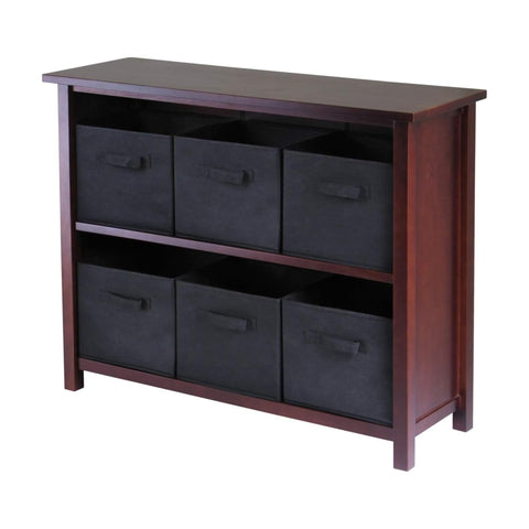 Oakestry Verona 2 Section Storage Shelf with 6 Foldable Black Fabric Baskets Compact Wood Organizer for Bedroom Living Room Entryway Closet Home Storage Unit
