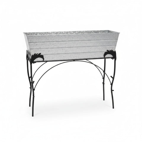 Oakestry Flora 30" Plant Stand with 36" Cape Cod White Flower Box, Galvanized Steel Planter & Black Wrought Iron Stand, Outdoor Garden Planter