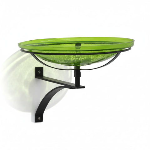 Oakestry 14" Fern Green Crackle Glass Birdbath with Wrought Iron Wall Mount Bracket, Outdoor Bird Bath for Fence, Deck, Porch, Balcony