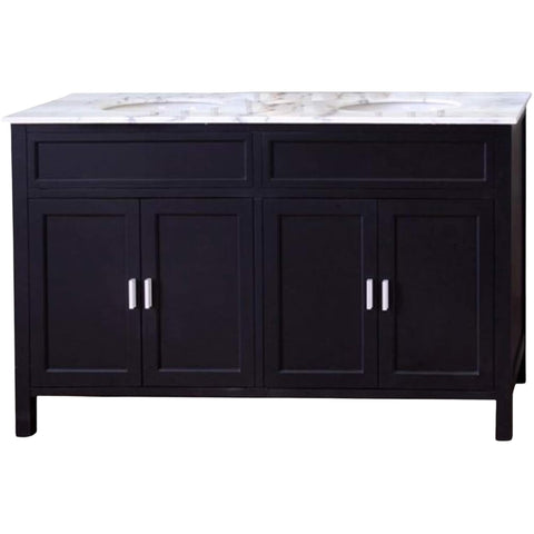 Oakestry 60" Double Sink Bathroom Vanity with White Marble Top, Ebony Finish, Solid Birch Wood Cabinet, Freestanding Oval Undermount Sinks