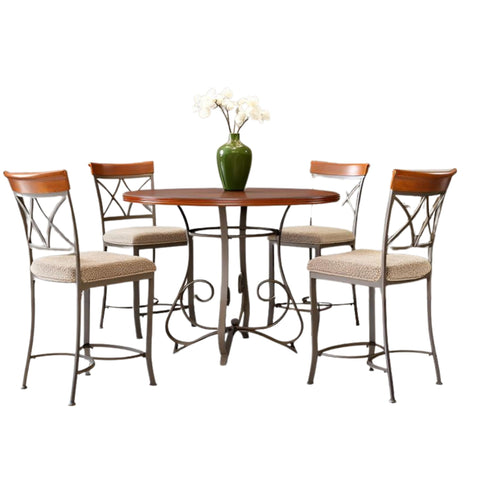 Oakestry Hamilton 5-Piece Swivel Gathering Set with Cherry Finish Table & Diamond-Back Swivel Stools, Pewter & Bronze Metal Base