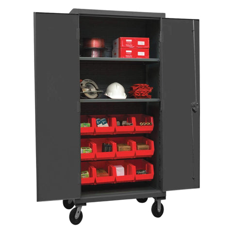 Oakestry Mobile Cabinet 36 x 24 x 81 in 12 Gauge Steel 2 Adjustable Shelves 12 Red Bins Recessed Doors Casters Pad Lock Handle Gray Storage Cabinet