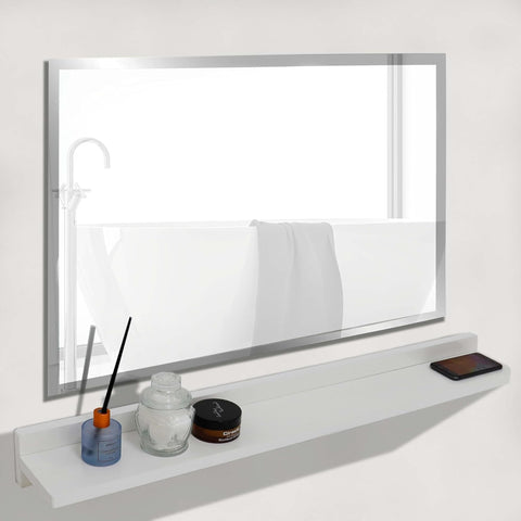 Oakestry 35 Inch Frameless Mirror with Wireless Charging Shelf Wall Mounted Vanity Mirror Modern Design Built in Qi Charging Station Storage Shelf Bathroom Bedroom Easy Installation