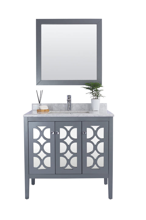Oakestry Mediterraneo 36 Inch Grey Bathroom Vanity White Carrara Marble Countertop Modern Single Sink Freestanding Storage Soft Close Doors Luxury Washroom Cabinet
