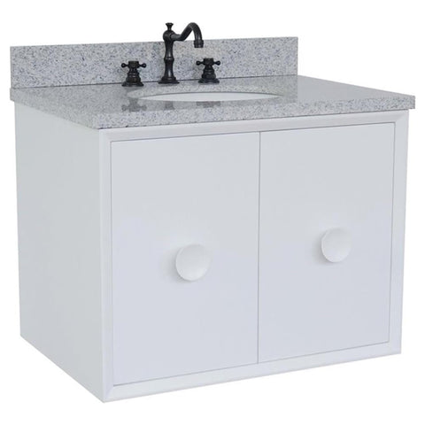 Oakestry 31" Wall Mounted Bathroom Vanity with Gray Granite Top, White Finish, Oval Undermount Ceramic Sink, Solid Wood Cabinet
