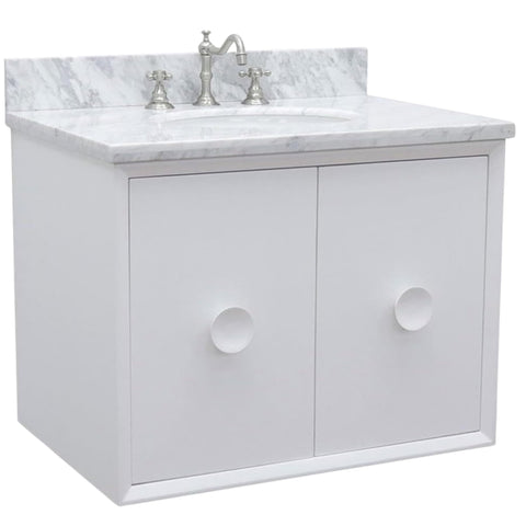 Oakestry 31" Wall Mounted Bathroom Vanity with White Carrara Marble Top, White Finish, Oval Undermount Ceramic Sink, Solid Wood Cabinet