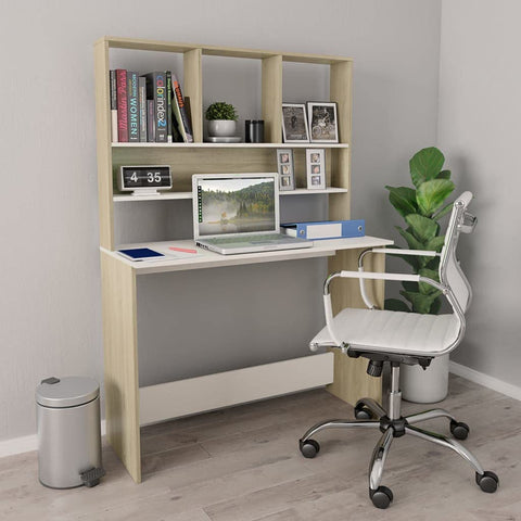 Oakestry Engineered Wood Computer Desk with Shelves, White & Sonoma Oak Study Table 43.3 x 17.7 x 61.8 in