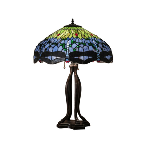Oakestry 33" Tiffany Dragonfly Table Lamp, Hanging Head Stained Glass Shade, Blue Green with Red Jewels, Mahogany Bronze Base, Handcrafted Lighting