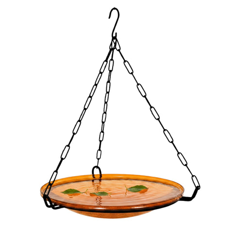 Oakestry 14" Mandarin Orange Crackle Glass Hanging Birdbath with Wrought Iron Chain & Hook, Decorative Outdoor Bird Bath for Garden, Patio, Porch