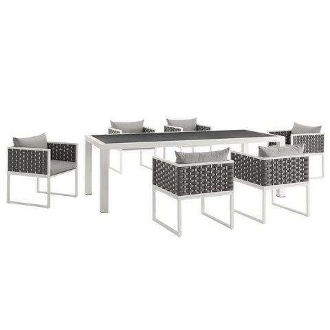 Oakestry Stance 7 Piece Outdoor Patio Aluminum Dining Set with White Gray Cushions