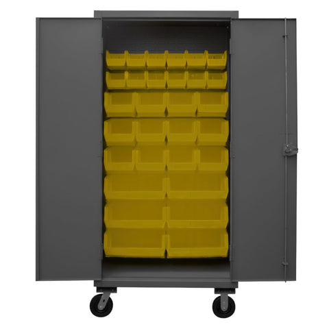 Oakestry 36 x 24 x 81 Industrial Mobile Steel Storage Cabinet 12 Gauge with 30 Yellow Bins Recessed Locking Doors Casters Gray
