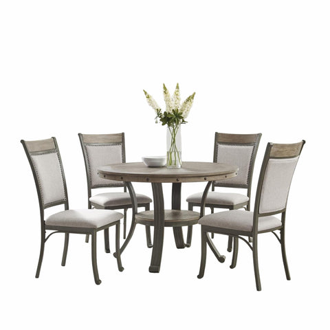 Oakestry Franklin 5-Piece Industrial Dining Set with 45" Round Table, Grey Ash Veneer, Nailhead Trim & Pewter Metal Legs, Modern Casual Kitchen & Dining Furniture