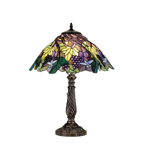 Oakestry 22" Spiral Grape Table Lamp, Tiffany Style Stained Glass with Purple Grapes & Bluebird, Mahogany Bronze Base, Vintage Lighting