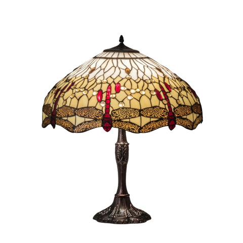 Oakestry 26" Tiffany Hanginghead Dragonfly Table Lamp, Ruby Dragonflies Stained Glass Shade with Clear, Red, Amber Jewels, Mahogany Bronze Base