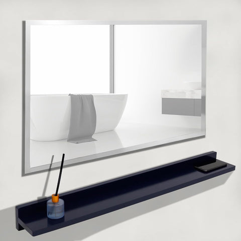 Oakestry 35 Inch Frameless Mirror with Wireless Charging Shelf Wall Mounted Vanity Mirror Modern Design Built in Qi Charging Station Storage Shelf Bathroom Bedroom Easy Installation