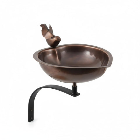 Oakestry Heart Shaped Copper Birdbath with Wall Mount Bracket, Decorative Bird Bath with Wrought Iron Wall Stand for Garden, Fence & Patio Décor