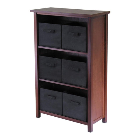 Oakestry Verona 3 Section Storage Shelf with 6 Foldable Black Fabric Baskets Durable Wood Organizer for Bedroom Living Room Entryway Closet Home Storage Unit