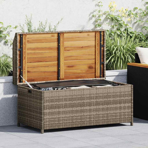 Oakestry Storage Bench Gray 39 4 in x19 7 x20 5 Poly Rattan and Acacia Wood Outdoor Patio Garden Seating Furniture Weather Resistant Durable Heavy Duty Modern Backyard Porch Deck Lawn