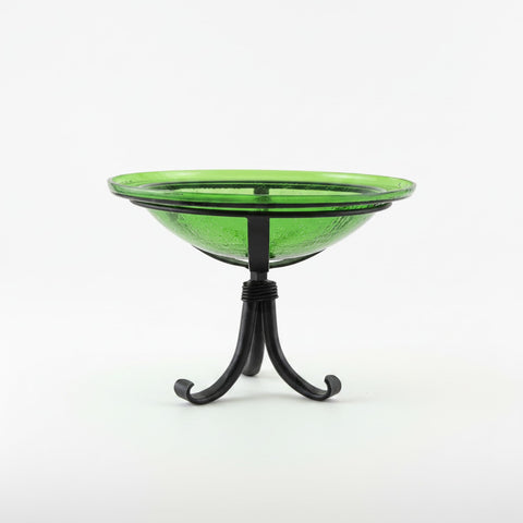 Oakestry 12" Fern Green Crackle Glass Birdbath with Wrought Iron Tripod Stand, Decorative Outdoor Bird Bath for Garden, Patio, Deck, Small Spaces