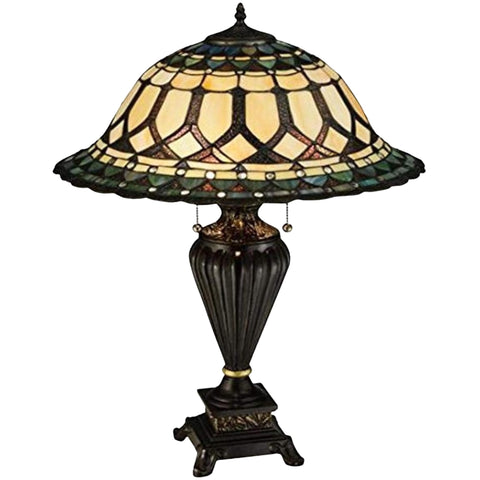 Oakestry 28" Aello Table Lamp, Multicolor Stained Glass Shade with Purple Ripple and Green Trim, Chestnut Gold Base, Tiffany Style Lighting
