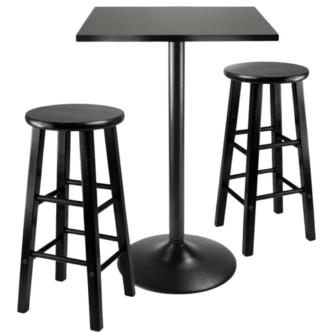 Oakestry Obsidian 3-Piece Square Pub Table Set with Round Seat Counter Stools, Black Finish
