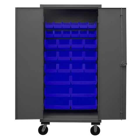 Oakestry 36 x 24 x 81 Industrial Mobile Steel Storage Cabinet 12 Gauge with 30 Blue Bins Recessed Locking Doors Casters Gray