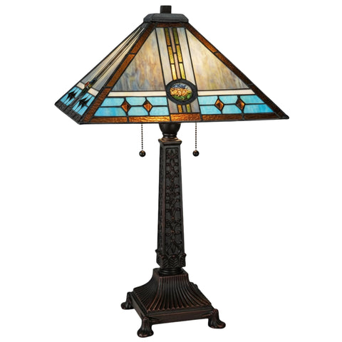 Oakestry 26.5" Mission Rose Table Lamp, Stained Glass Geometric Floral Shade, Mahogany Bronze Base, Dual E26 Vintage Craftsman Accent Lamp