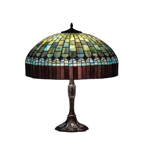 Oakestry 26" Tiffany Candice Table Lamp, Multi-Hued Plum Fringe Stained Glass Shade with Emerald, Cobalt, Heather, Azure, Saffron Accents, Mahogany Bronze Base