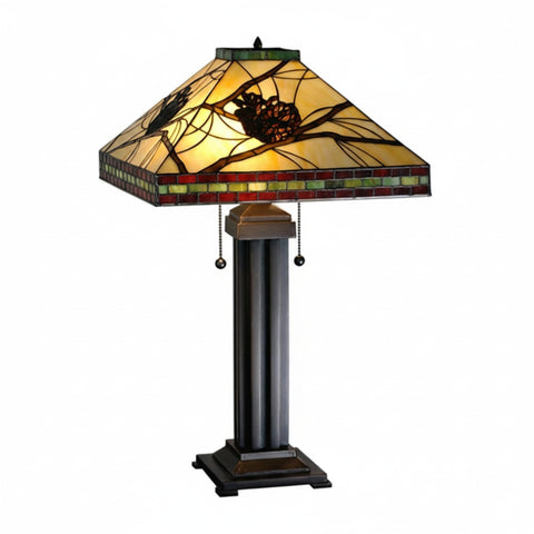 Oakestry 24" Pinecone Mission Table Lamp, Tiffany Style Stained Glass Shade, Mahogany Bronze Base, Rustic Nature-Inspired Lighting