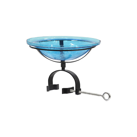 Oakestry Teal Crackle Glass Rail Bracket Birdbath Decorative Outdoor Garden Patio Balcony Yard Wildlife Vintage Style Durable Metal Support Hanging Water Basin for Birds