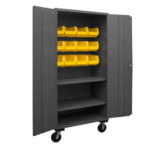 Oakestry Mobile Cabinet 36 x 24 x 81 in 16 Gauge Steel 2 Shelves 12 Yellow Bins Flush Doors Casters Lockable Chrome Handle Gray Storage Cabinet