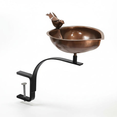 Oakestry Heart Shaped Copper Birdbath with Rail Mount Bracket, Clamp-On Balcony Bird Bath with Decorative Bird Detail & Wrought Iron Stand