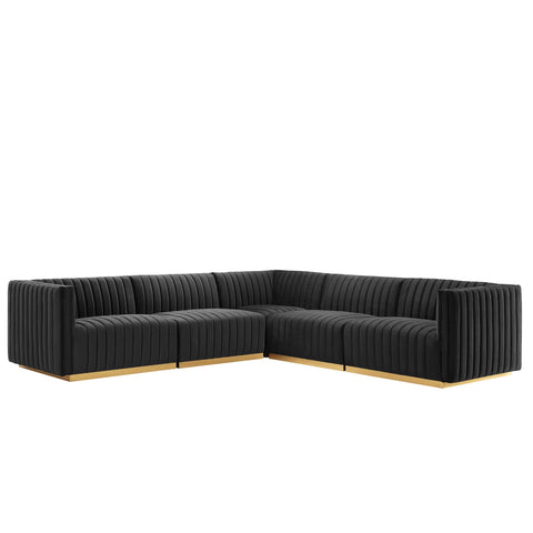 Oakestry Luxury Inspired Conjure Channel Tufted Performance Velvet 5-Piece Sectional Comfortable Indoor Sectional Sofa for Living Room Apartment Lounge Reception Area Premium Everyday Styling
