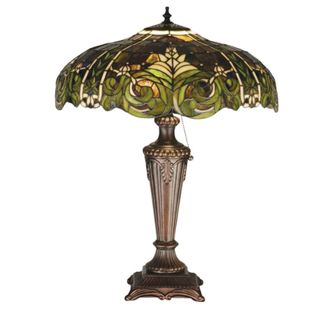 Oakestry 24" Bavarian Table Lamp, Multi-Hued Amber Green & White Stained Glass, Mahogany Bronze Base