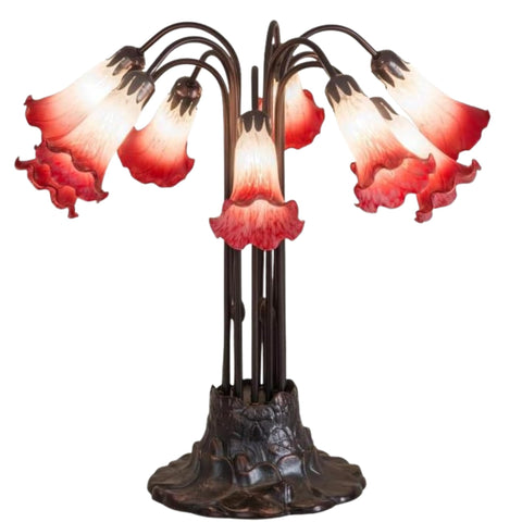 Oakestry 24" Pond Lily 10-Light Table Lamp, Pink & White Art Glass Shades, Mahogany Bronze Base, Tiffany Style Handcrafted Lighting Fixture