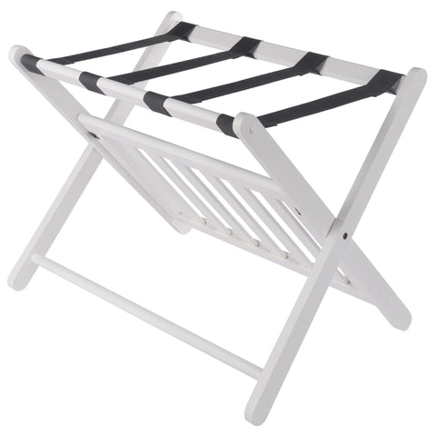 Oakestry Reese Folding Luggage Rack with Storage Shelf, Solid Wood Guest Room Suitcase Stand, No Assembly, White Finish