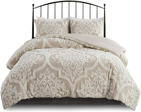 3 Piece Cotton Comforter Bedding Set All Season Modern Luxury Theme with Viola, Matching Shams, Damask Taupe King/Cal King(104"X92"), Damask Taupe