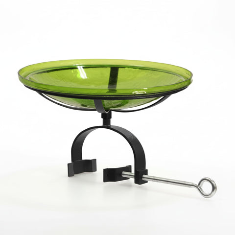 Oakestry 14" Crackle Glass Birdbath with Over Railing Bracket, Clamp-On Balcony Bird Bath, Decorative Blown Glass Bowl for Patio, Deck & Garden