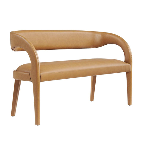 Oakestry Pinnacle Vegan Leather Accent Bench, Modern Upholstered Dining Bench with Curved Backrest and Open Design, Tan