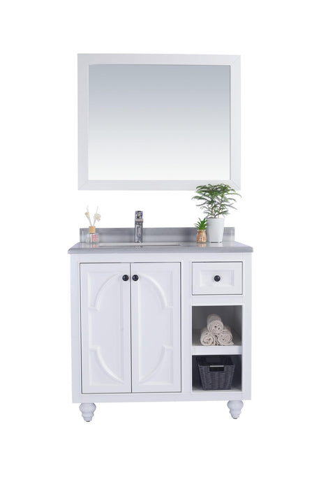 Oakestry Odyssey 36 Inch White Bathroom Vanity Single Sink White Stripes Marble Countertop Freestanding Modern Storage Cabinet Soft Close Doors Premium Washroom Furniture