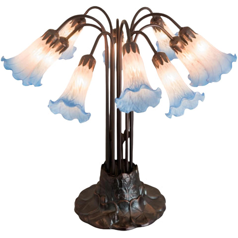 Oakestry 22" Pink & Blue Pond Lily Tiffany Style Table Lamp, 10-Light Floral Glass Shade, Mahogany Bronze Base, E12 Decorative Vintage Accent Lamp