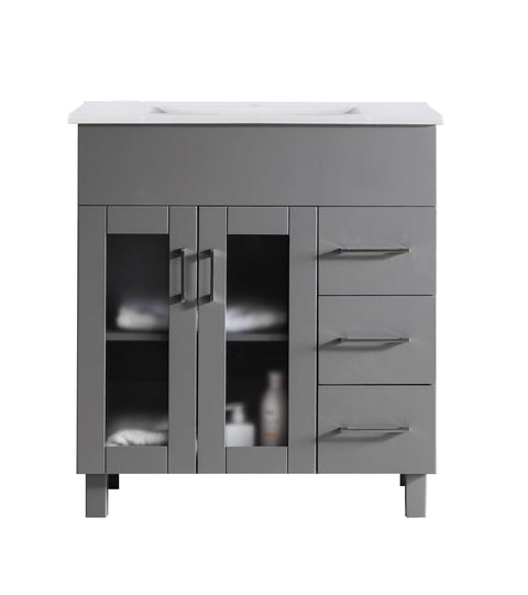 Oakestry Nova 32 Inch Grey Bathroom Vanity White Ceramic Basin Countertop Modern Single Sink Freestanding Storage Soft Close Doors Designer Washroom Cabinet
