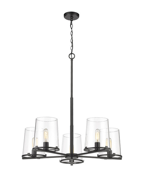 Oakestry 5 Light Chandelier Matte Black Steel Clear Transitional, Industrial, Coastal, Mid Century Ceiling Lighting Fixture for Dining Room Foyer Great Room Hallway Kitchen Modern Home Decor Hanging