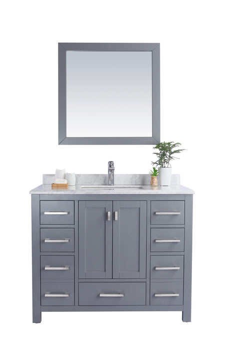 Oakestry Wilson Bathroom Vanity with White Carrara Marble Countertop & Ceramic Sink, Solid Oak Wood Cabinet, Soft Close Doors & Drawers, 4 Outlets, Grey, Pre-Assembled