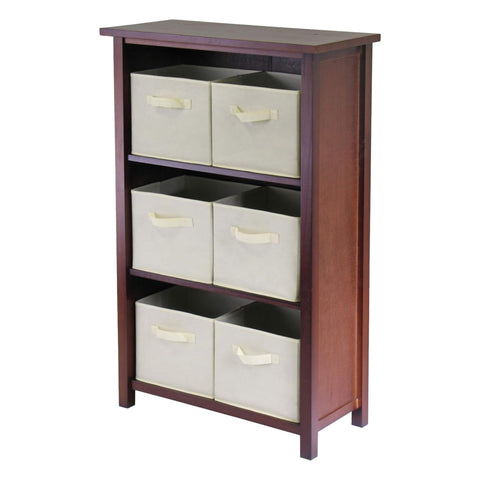 Oakestry Verona 3 Section M Storage Shelf with 6 Foldable Beige Fabric Baskets Durable Wooden Organizer for Living Room Bedroom Office Entryway Closet Storage Solution